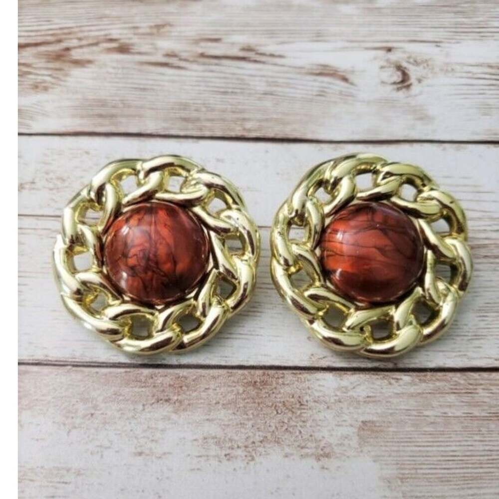 Vintage Clip On Earrings - Gold Tone with Brown Center Large 1 & 5/8"